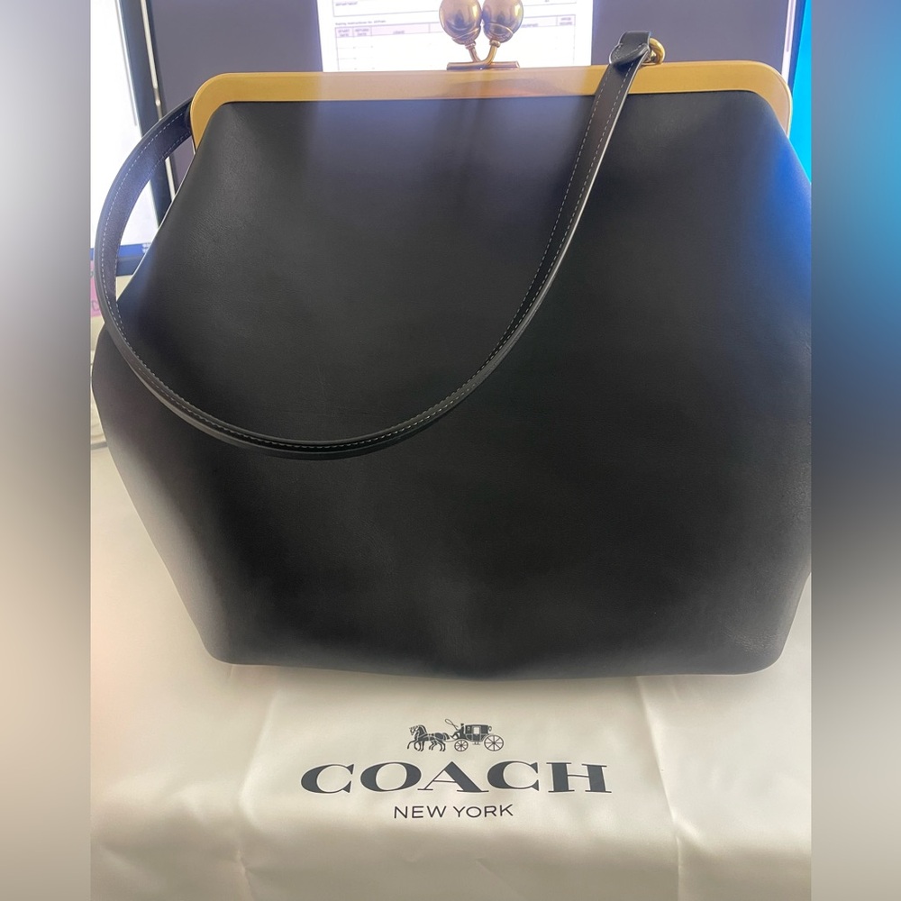 NWT Coach Kisslock Black Leather Shoulder Bag with Gold Accents